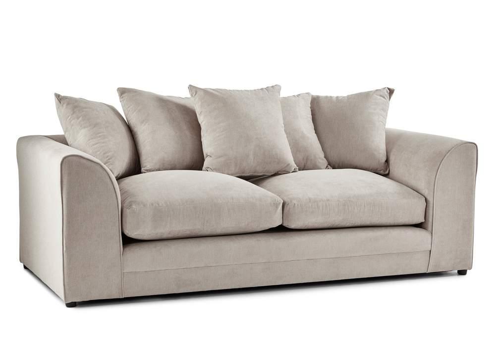 Cream fabric 3 seater sofa with plush cushions and curved armrests on a white background
