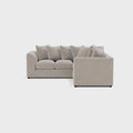 Cream double corner sofa with plush cushions, modern upholstered design on white background