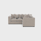 Cream double corner sofa with plush cushions, modern upholstered design on white background