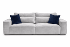 Modern cream 4-seater sofa with navy cushions, plush upholstery, and wide armrests