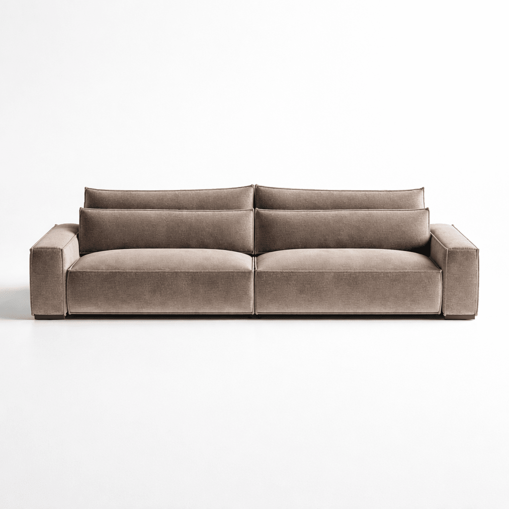 Modern cream 4-seater sofa with wide arms and plush cushions on white background