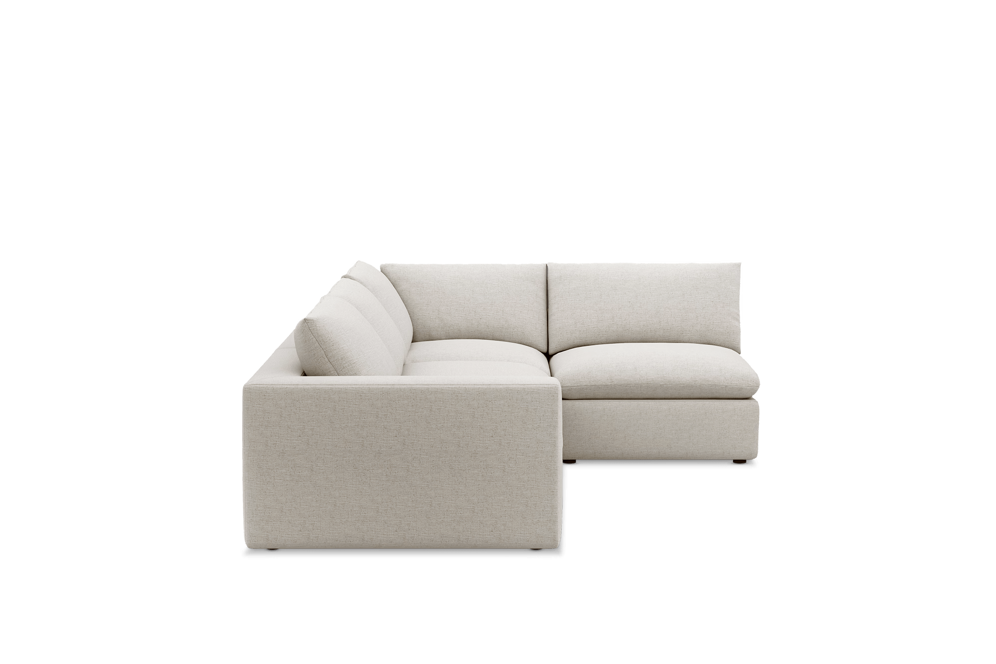 Cream feather-filled open corner sofa with plush cushions, modern L-shaped sectional
