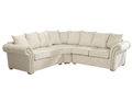 Cream corner sofa with full back cushions and studded rolled arms on white background