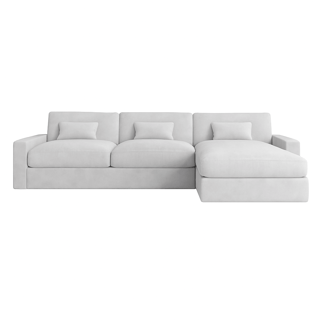 Cream right hand facing corner sofa with plush cushions and modern, minimalist design