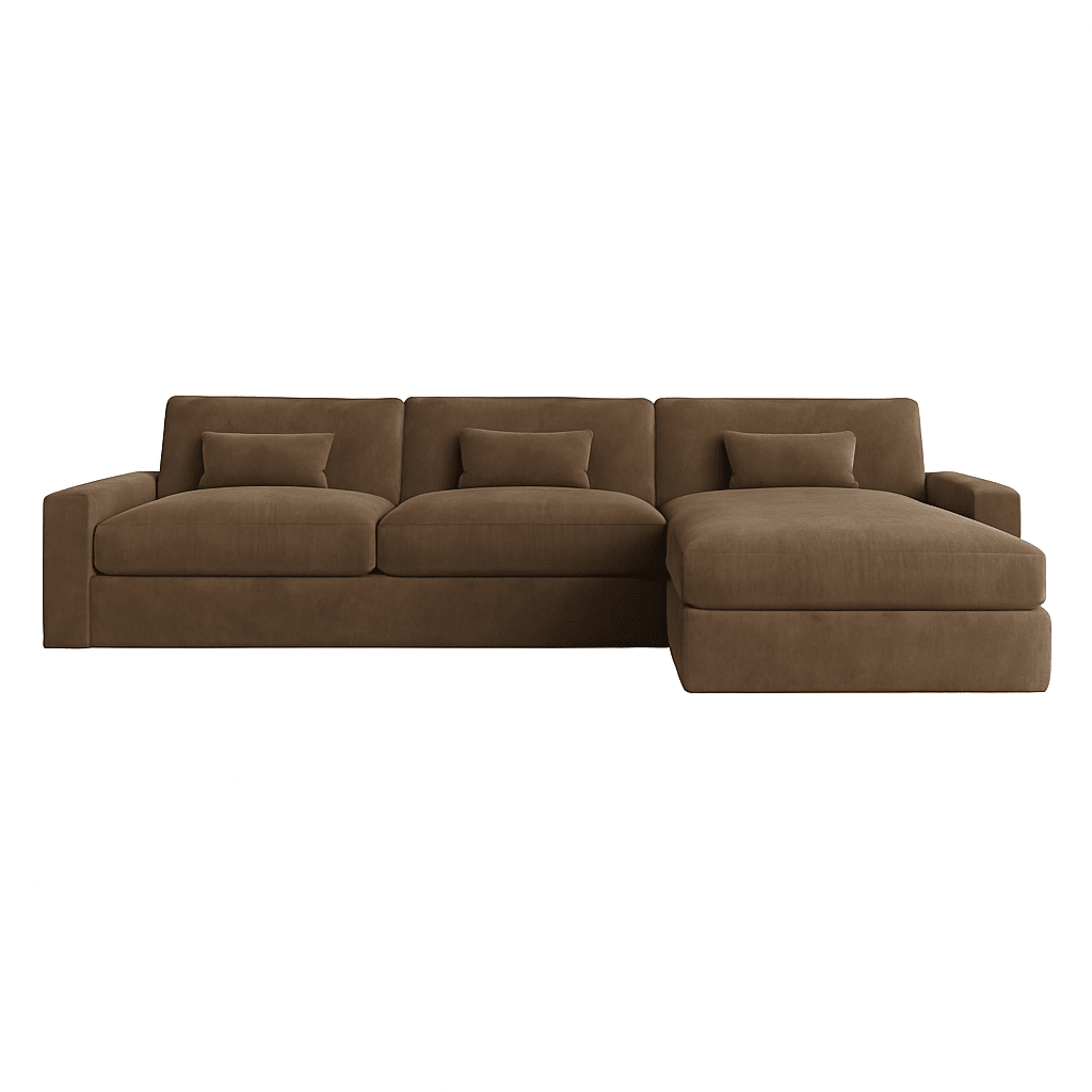 Right hand facing corner sofa in medium brown fabric with plush cushions and wide arms
