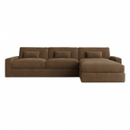 Right hand facing corner sofa in medium brown fabric with plush cushions and wide arms