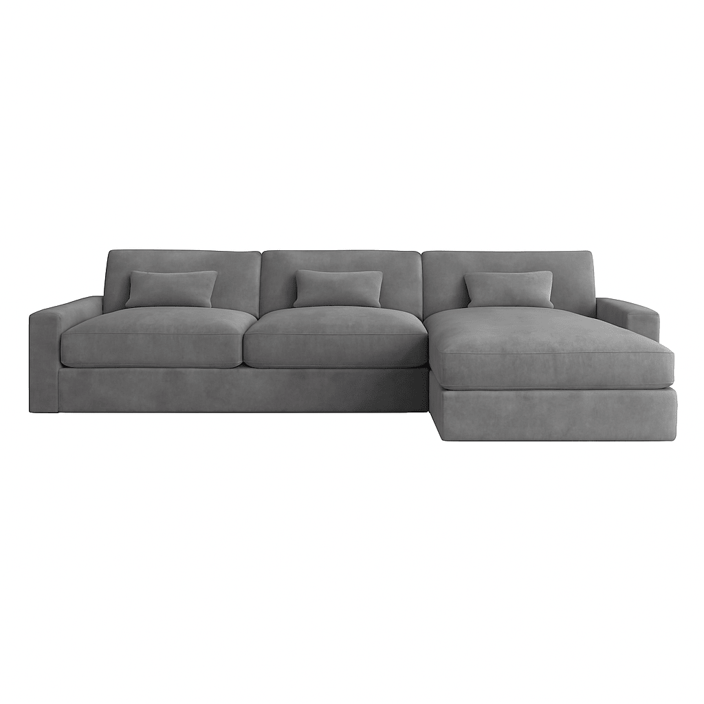 Modern right-hand facing grey corner sofa with chaise and three seat cushions