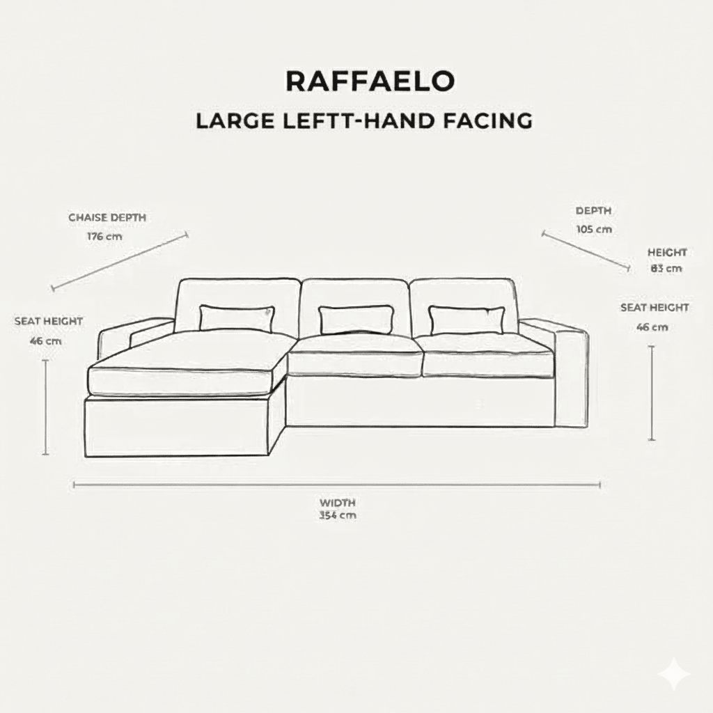 Raffaelo large left-hand facing corner sofa diagram with dimensions in centimetres.