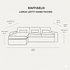 Raffaelo large left-hand facing corner sofa diagram with dimensions in centimetres.