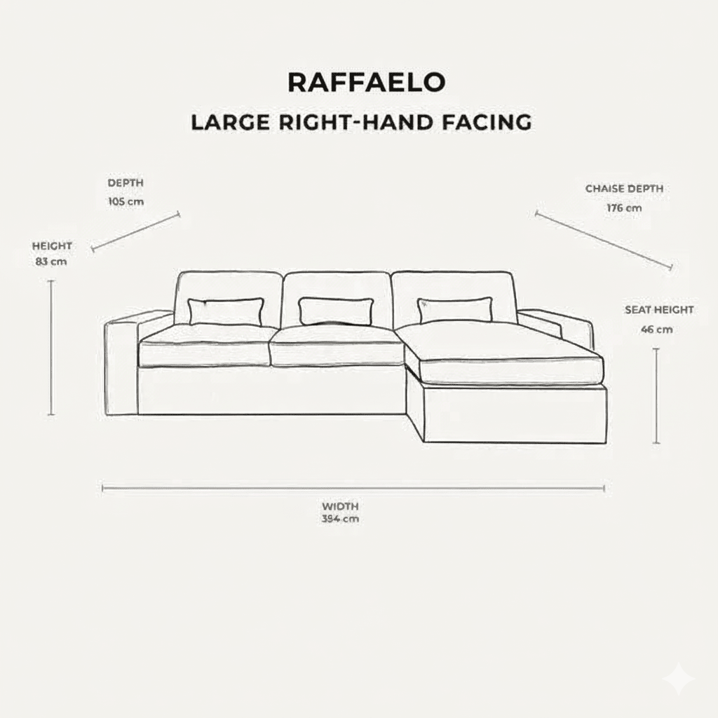 Raffaelo large right-hand facing corner sofa with measurements: 394cm width, 176cm chaise depth, 105cm depth, 83cm height, 46cm seat height.