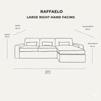 Raffaelo large right-hand facing corner sofa with measurements: 394cm width, 176cm chaise depth, 105cm depth, 83cm height, 46cm seat height.