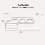 Raffaelo medium left-hand facing sofa diagram with dimensions, chaise, and cushions.