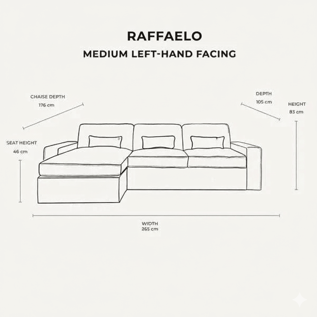 Raffaelo medium left-hand facing sofa diagram with dimensions, chaise, and cushions.