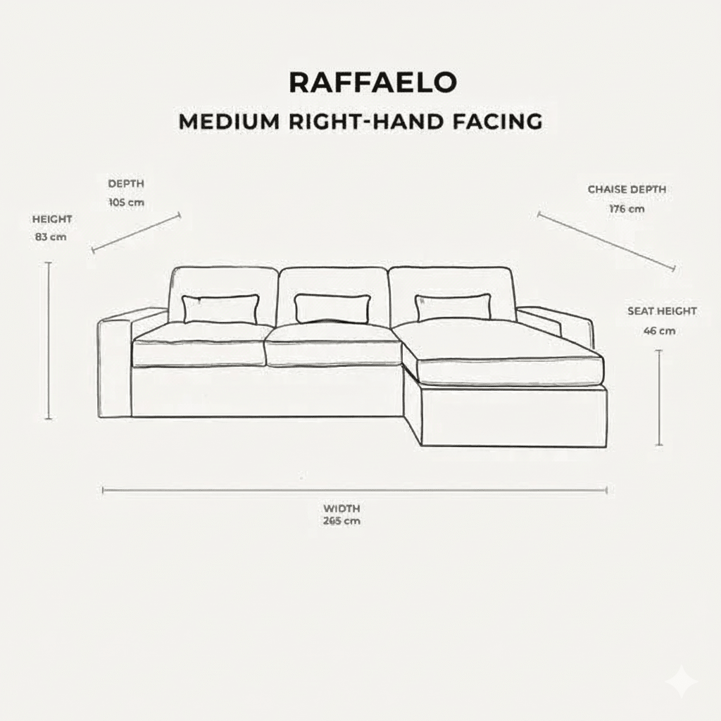 Diagram of a medium right-hand facing corner sofa with labelled dimensions in centimeters.