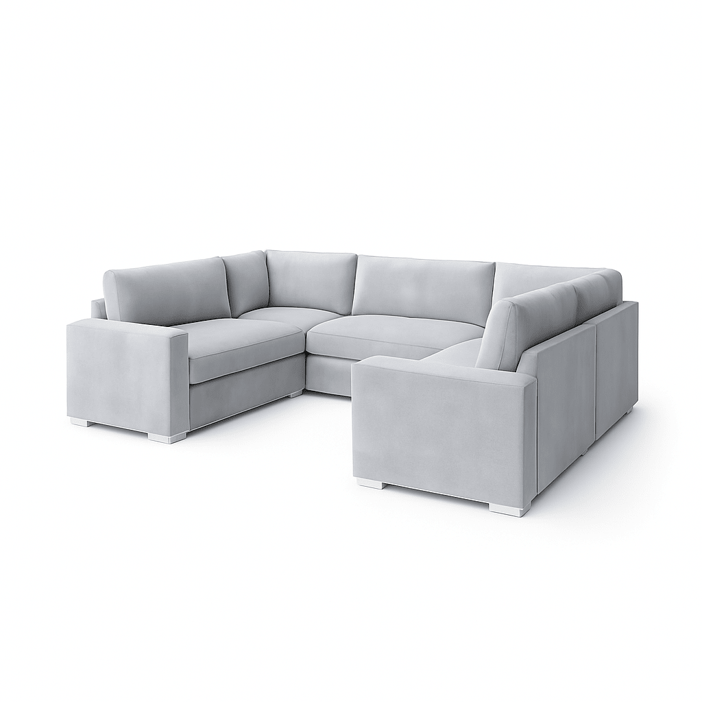 Modern cream U-shaped sectional sofa with soft fiber-top cushions on white background