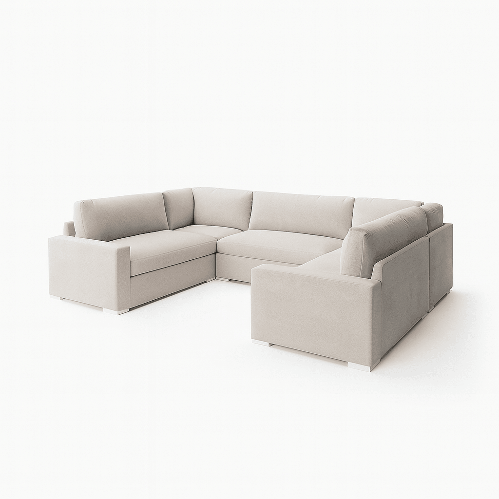 Cream U-shape sectional sofa with fiber-topped cushions and modern design on white background.