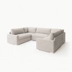 Cream U-shape sectional sofa with fiber-topped cushions and modern design on white background.