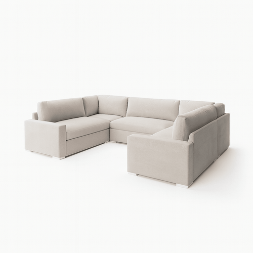 Cream U-shape sectional sofa with fiber-topped cushions and modern design on white background.
