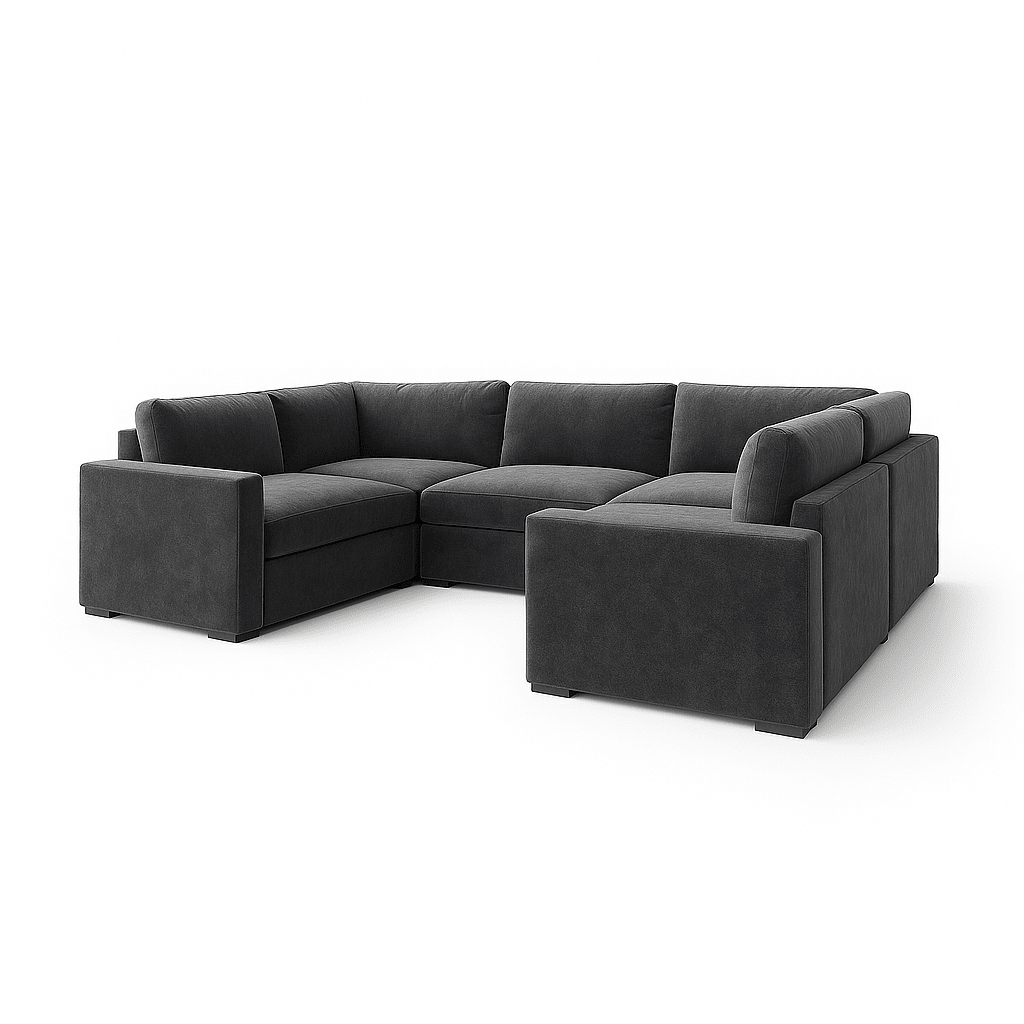 U-shaped cream fabric sofa with fiber-topped cushions and modern design on white background