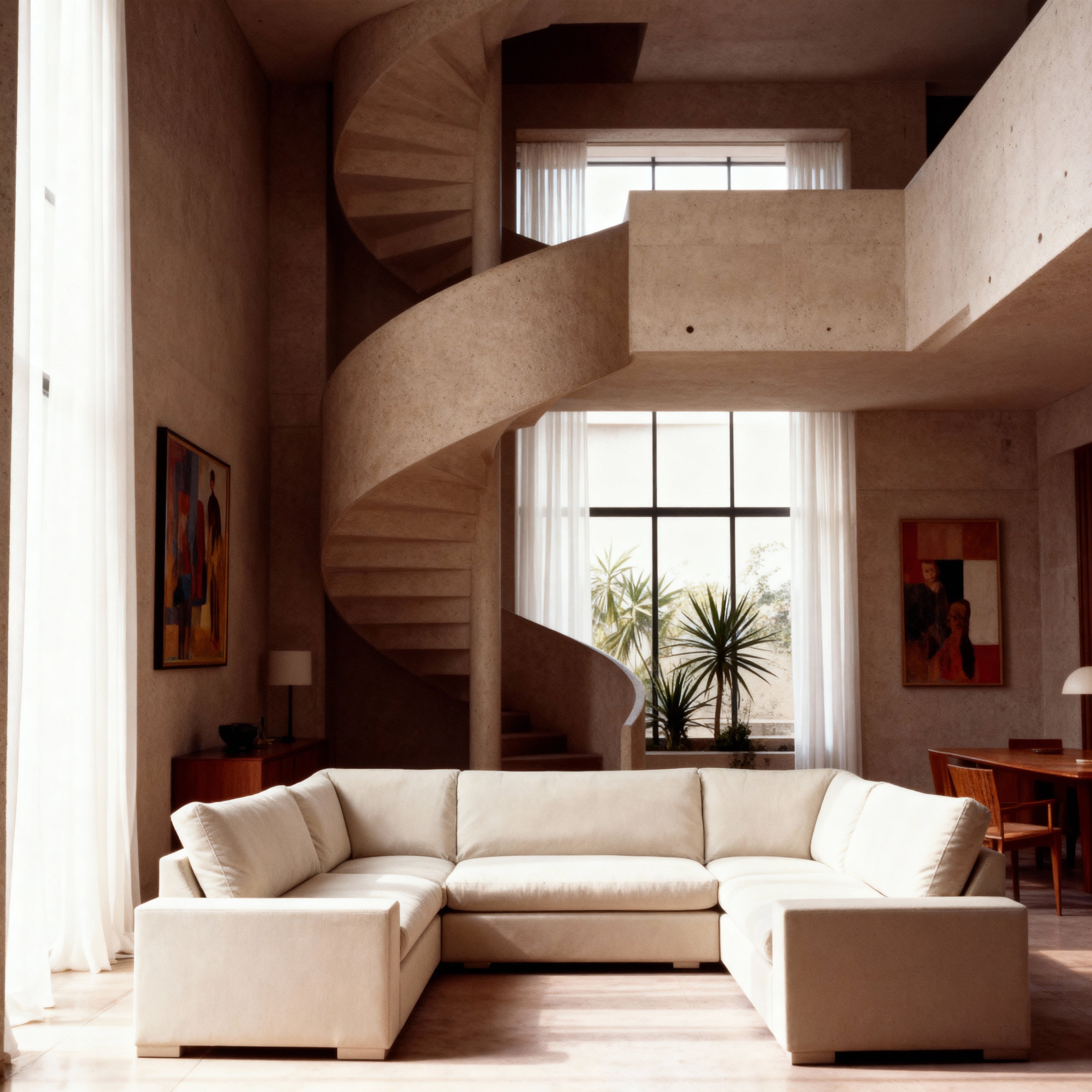 Cream U-shaped premium sofa in a modern living room with spiral staircase and large windows