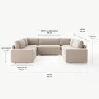 Cream U-shaped sectional sofa with labeled dimensions, modern fiber-topped design