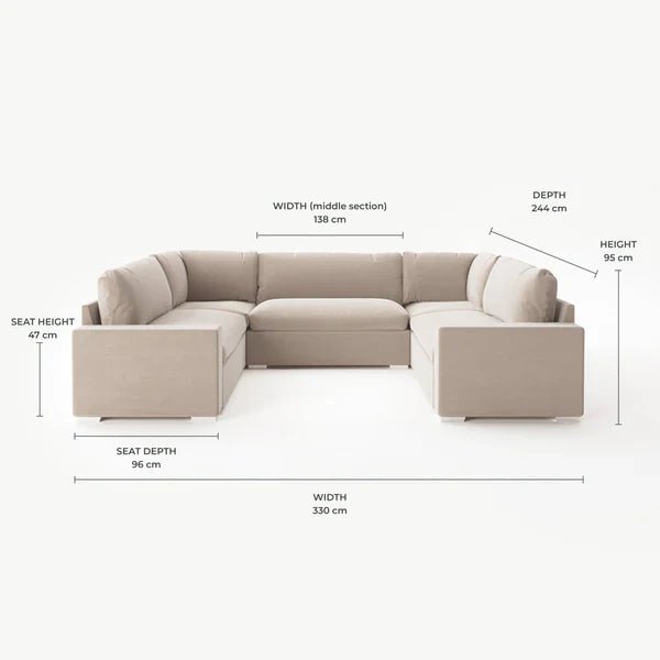 Cream U-shaped sectional sofa with labeled dimensions, modern fiber-topped design