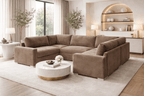 U-shape cream fabric sofa in modern living room with large windows and marble coffee table