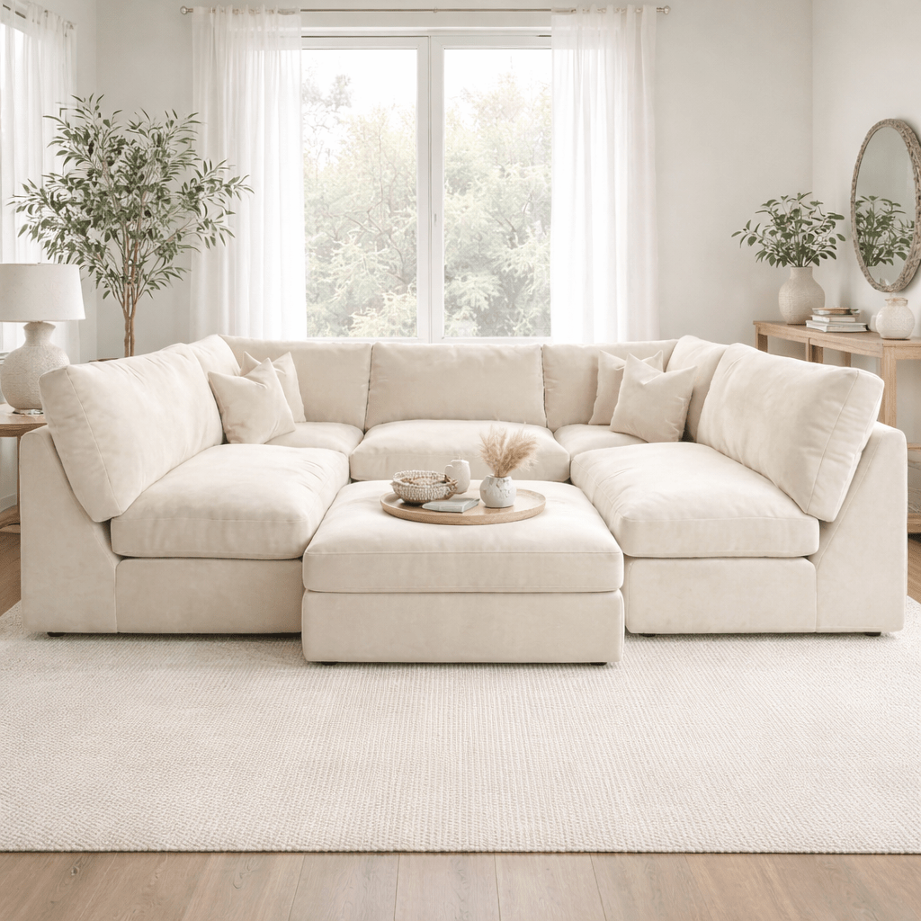 Cream U-shaped sofa with plush cushions in a bright, modern living room with large windows