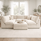 Cream U-shaped sofa with plush cushions in a bright, modern living room with large windows