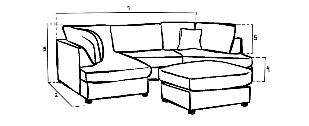 Line drawing of U-shape sofa with dimension guides, showing sectional design and ottoman.