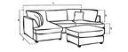 Line drawing of U-shape sofa with dimension guides, showing sectional design and ottoman.