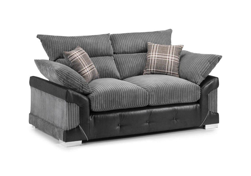 Grey corduroy two-seater sofa with black faux leather base and plaid cushions