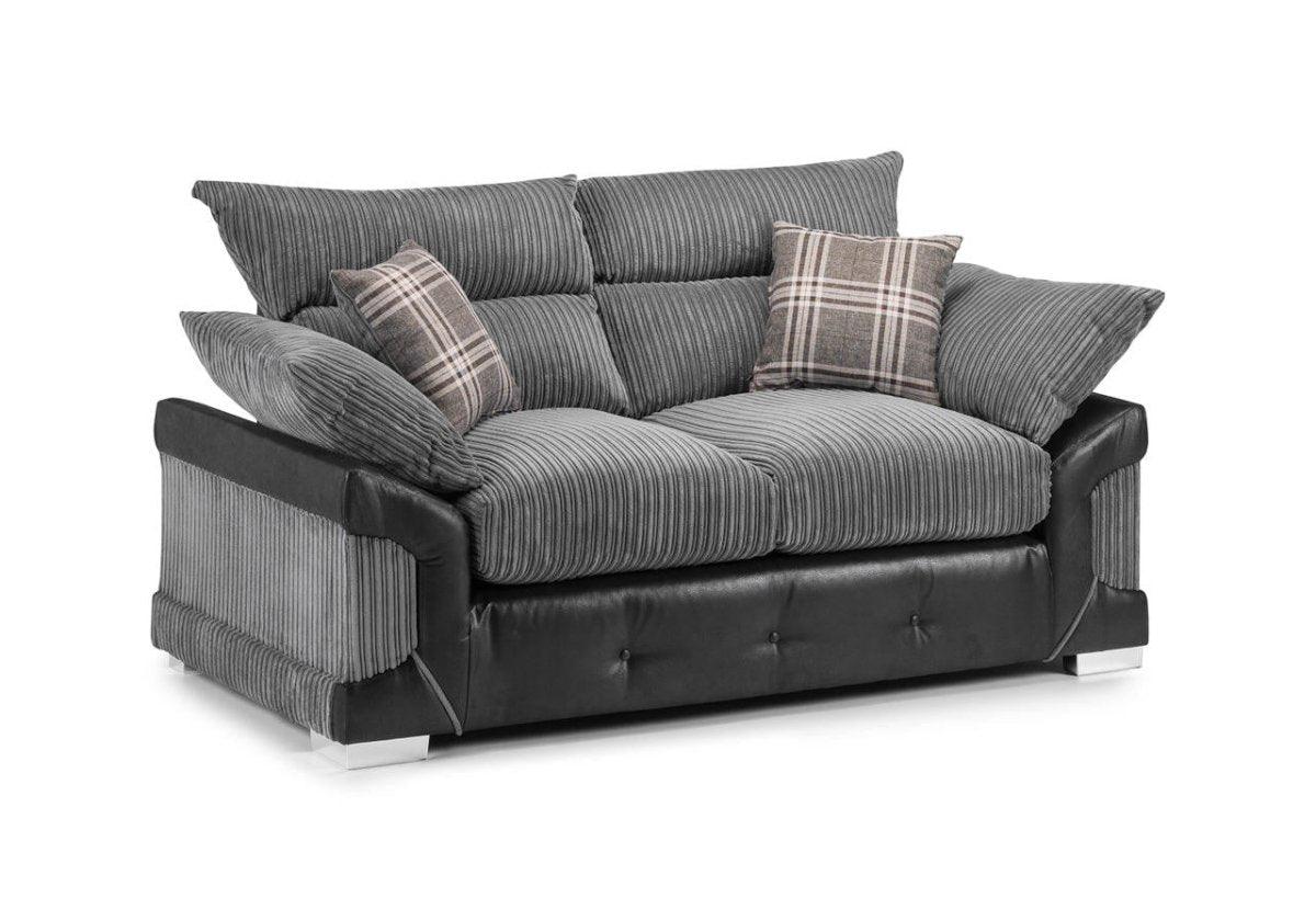 Grey corduroy two-seater sofa with black faux leather base and plaid cushions