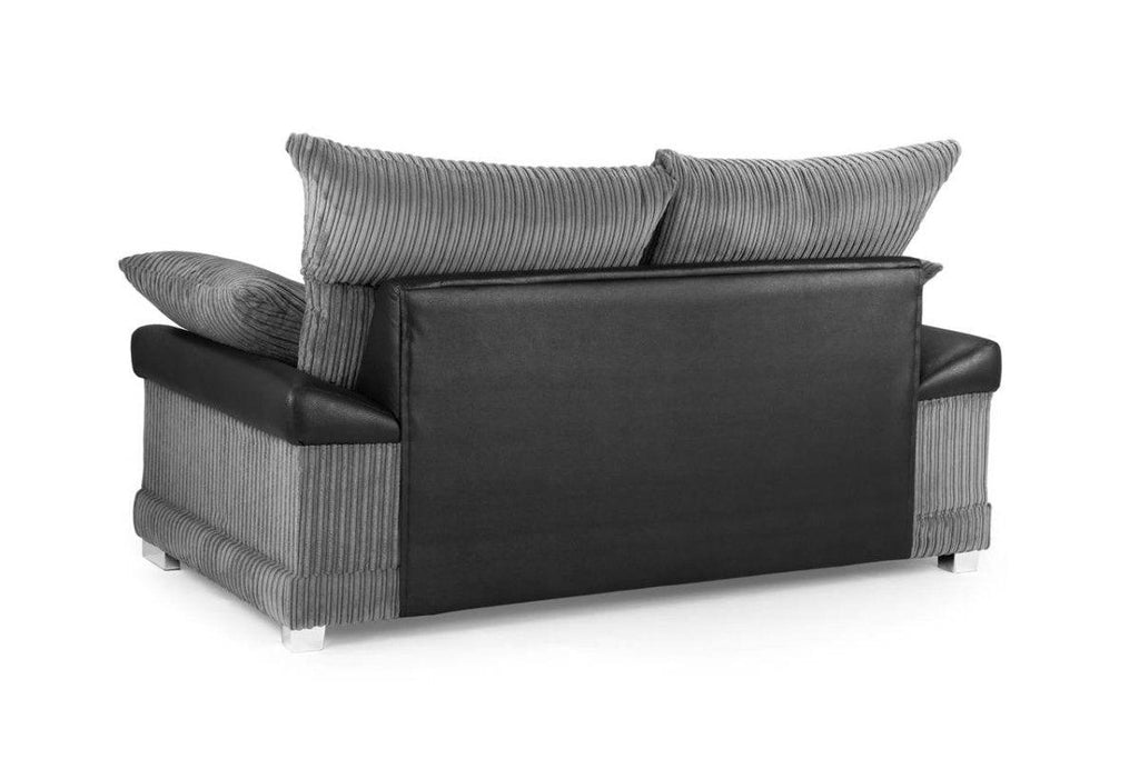 Modern 2 seater sofa with black faux leather back, grey cord upholstery, and chrome legs