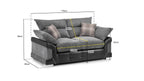 Grey two-seater sofa with striped cushions and plaid pillows, shown with size dimensions.