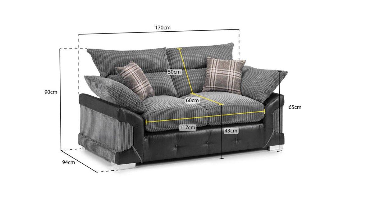 Grey two-seater sofa with striped cushions and plaid pillows, shown with size dimensions.