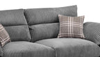 Grey corduroy two-seater sofa with plaid accent cushions, modern living room seating