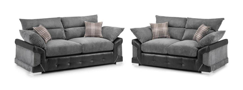 Grey cord and faux leather 3 and 2 seater sofa set with plaid scatter cushions