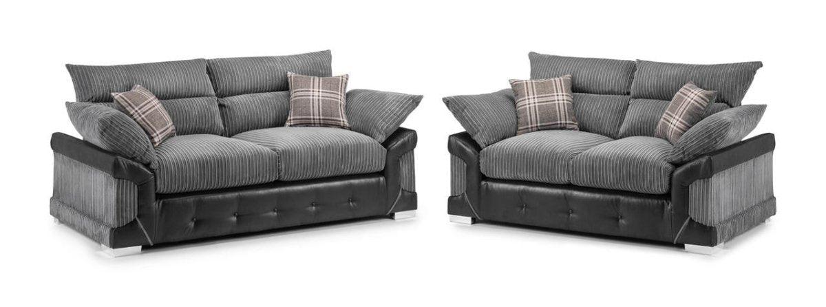 Grey cord and faux leather 3 and 2 seater sofa set with plaid scatter cushions