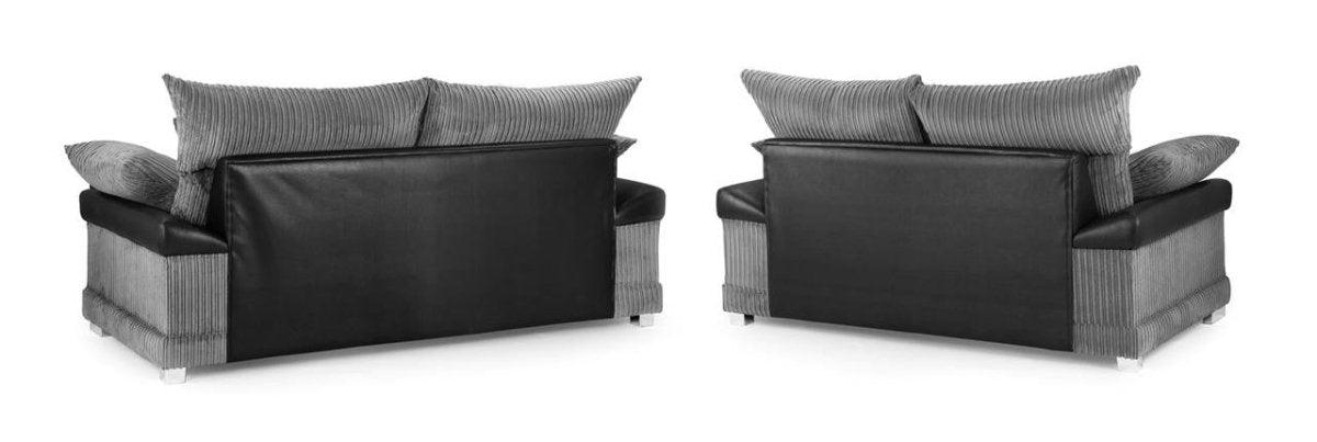 Set of two modern grey and black sofas with striped back cushions, rear view