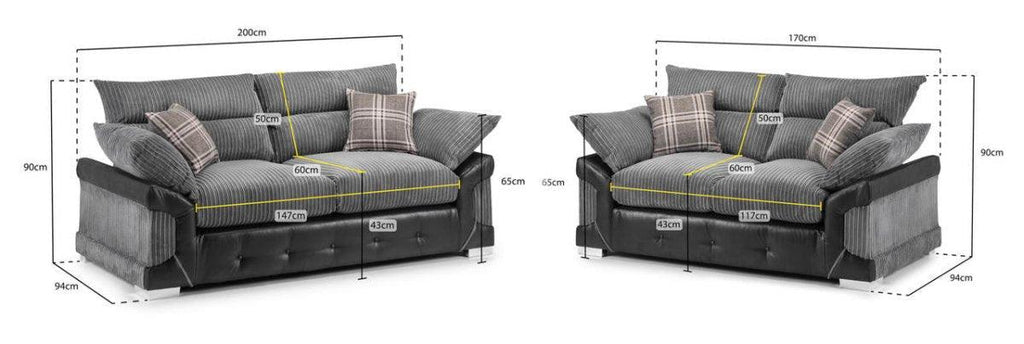 Grey cord and faux leather 3 and 2 seater sofa set with cushions, plaid pillows, and size dimensions