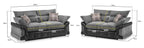 Grey cord and faux leather 3 and 2 seater sofa set with cushions, plaid pillows, and size dimensions