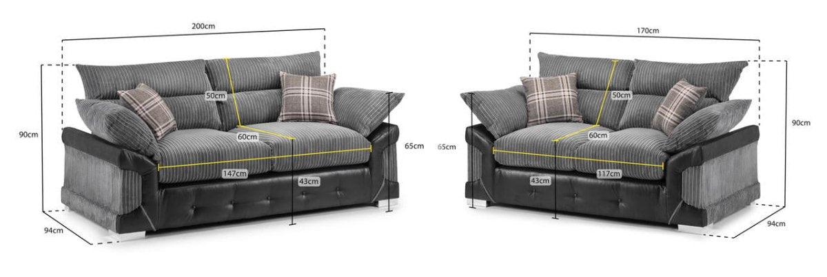 Grey cord and faux leather 3 and 2 seater sofa set with cushions, plaid pillows, and size dimensions