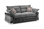 Modern grey corduroy and leather 3-seater sofa with plaid accent cushions