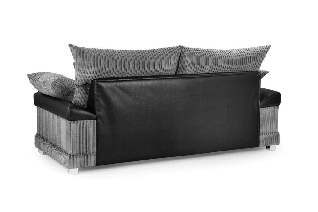 Modern three-seater sofa with grey corduroy cushions and black faux leather backrest