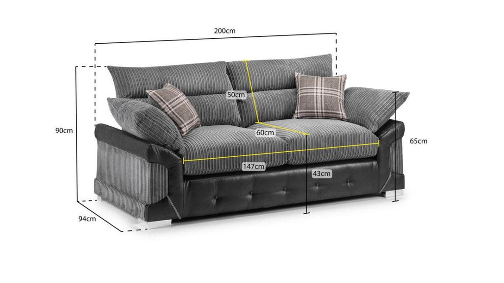 Grey 3-seater sofa with striped cushions, plaid pillows, and detailed size measurements.