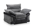 Modern grey corduroy and black leather armchair with plush cushions on a white background.