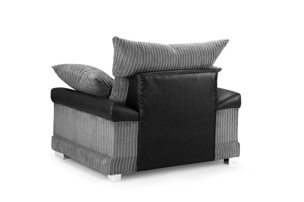 Modern grey armchair with ribbed fabric and black faux leather accents on white background