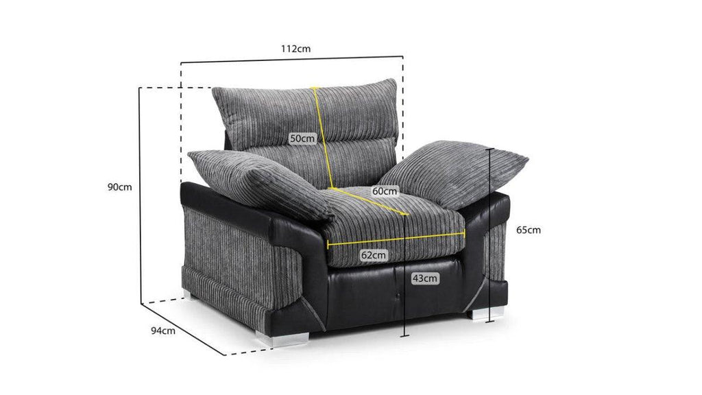 Grey corduroy armchair with black sides, plush cushions, and labeled dimensions in centimeters.