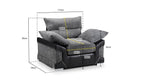 Grey corduroy armchair with black sides, plush cushions, and labeled dimensions in centimeters.